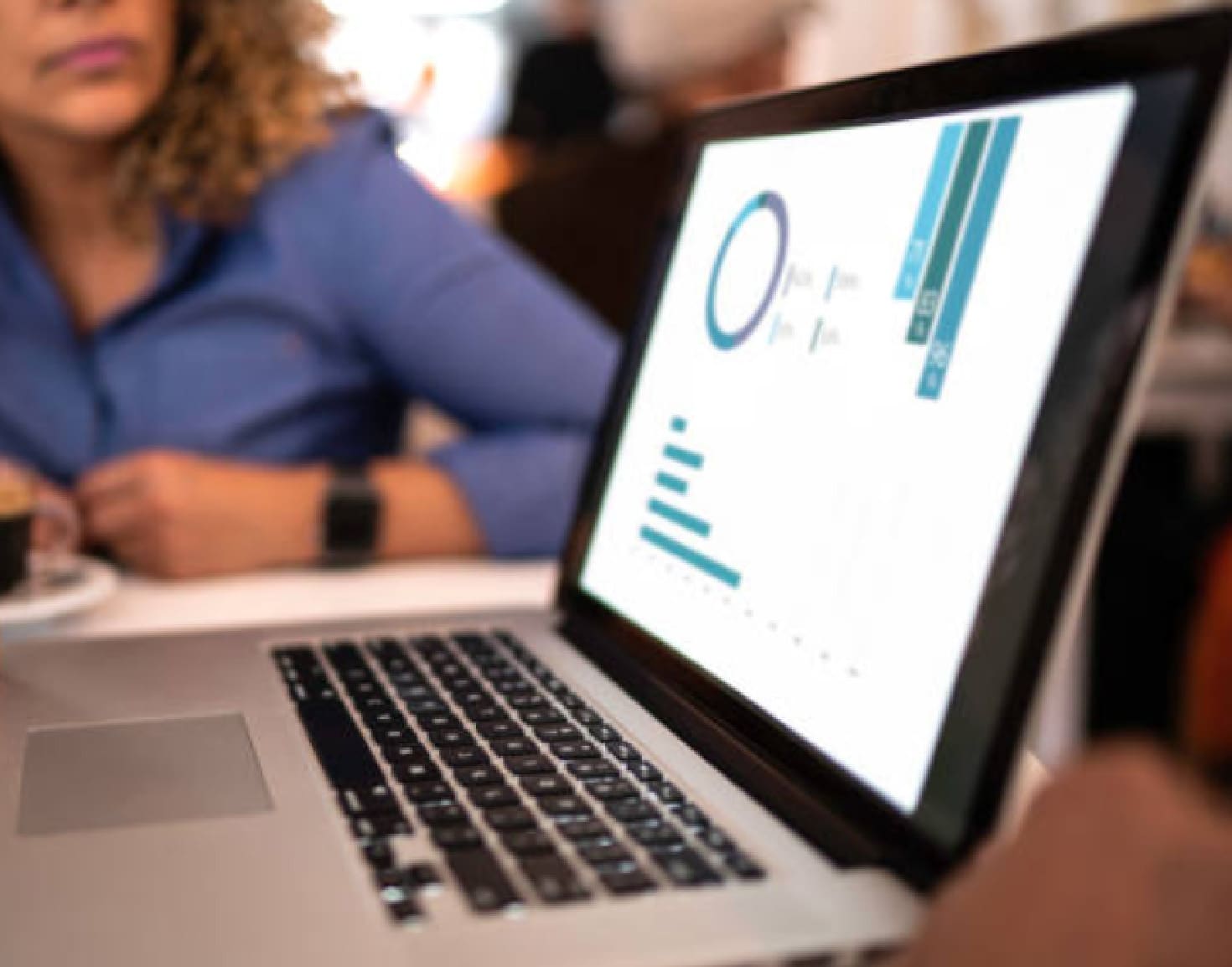 A laptop displaying a report with graphs and charts